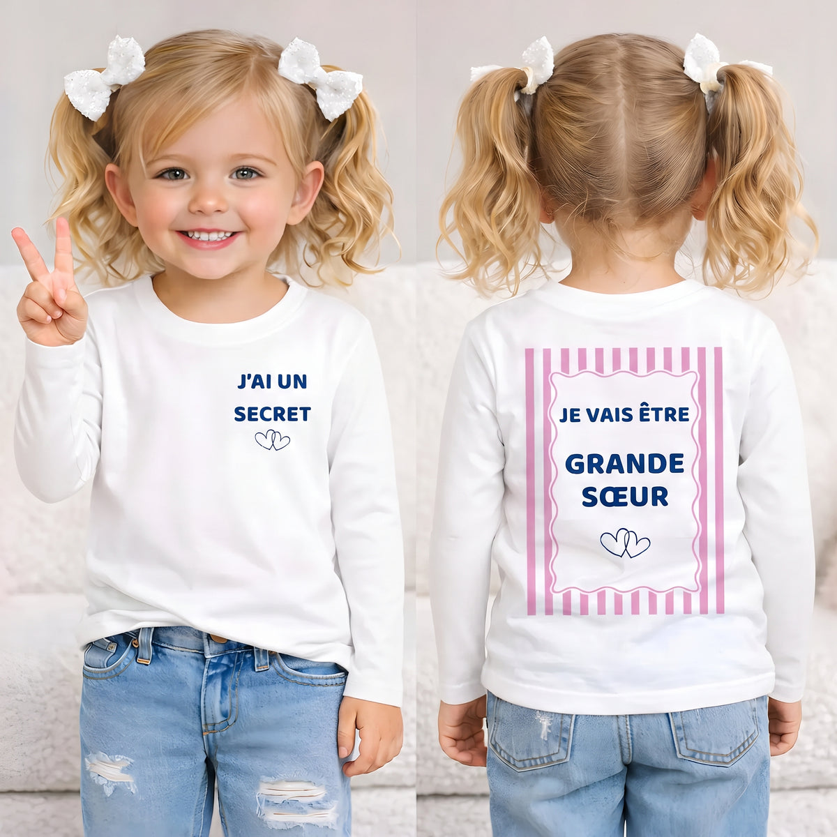 t -shirt blanc annopnce grossesse : j'ai un secret je vais être grande soeur, devant derrière maches longues porté