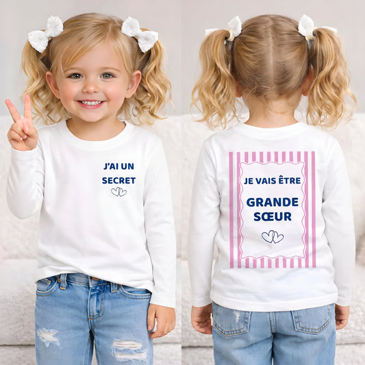 t -shirt blanc annopnce grossesse : j'ai un secret je vais être grande soeur, devant derrière maches longues porté