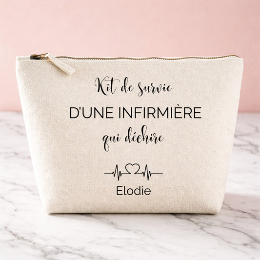 Trousse personnalisée en coton pour infirmière, prénom Elodie, inscription « Kit de survie d'une infirmière qui déchire » et motif battement de cœur ECG.