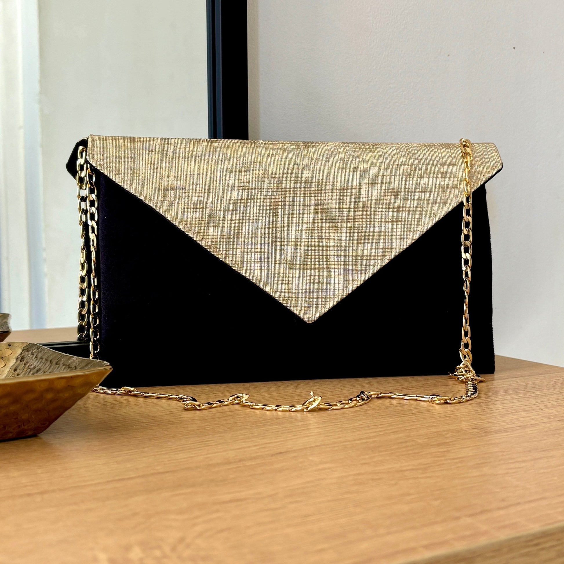 Pochette de soirée en velours noir avec strass et boucle pour femme, Noir Pochette de soirée en velours noir avec strass et boucle pour femme, Noir