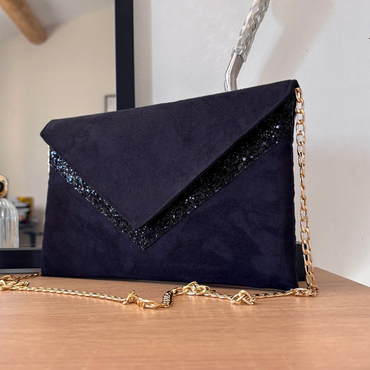 pochette de soirée noire en suédine et paillettes noires