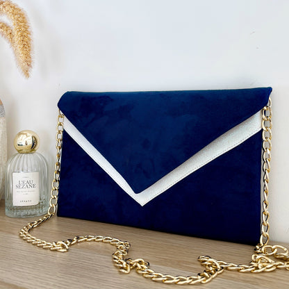 pochette mariage bleu marine et paillettes ivoire