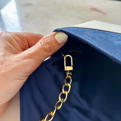 Sac pochette mariage bleu marine et paillettes ivoire