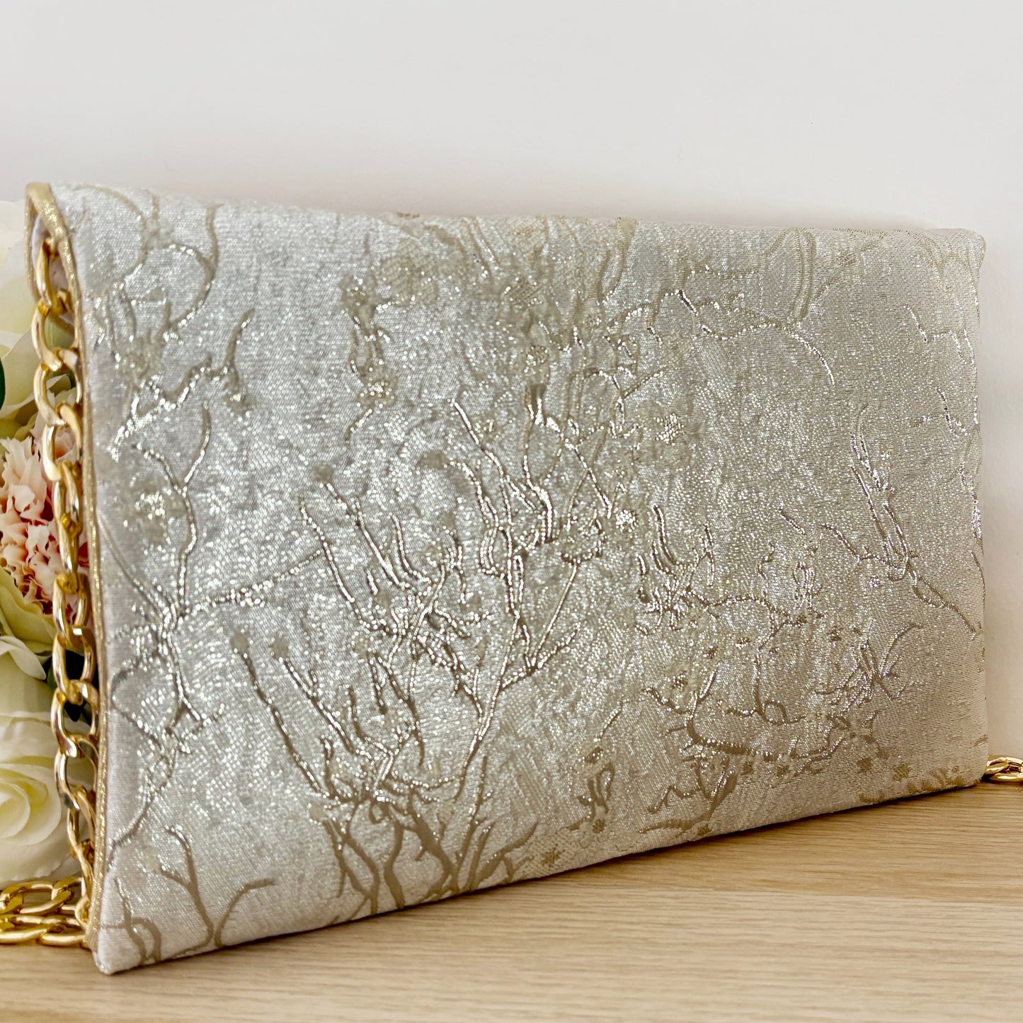 Pochette mariage champagne brocart fleuri – Pochette mariée personnalisée