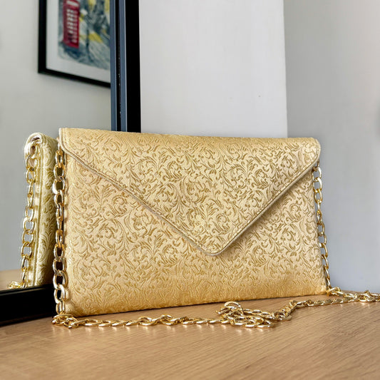 Sac pochette mariage dorée en tissu brocart avec chaîne