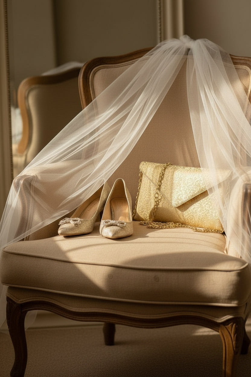 Préparatifs mariage : Pochette mariage dorée , chaussures dorées , voile de mariée