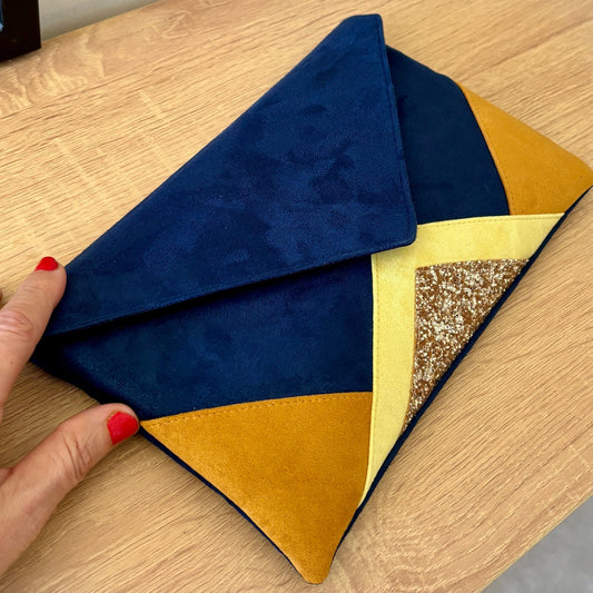 Pochette mariage bleu marine , moutarde et jaune
