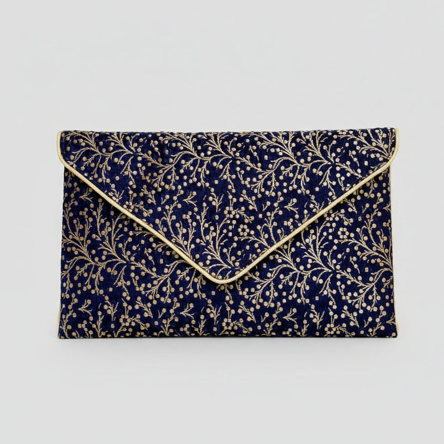 Pochette mariage. bleu et dor&ée en tissu brocart indien