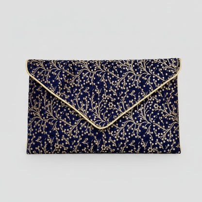 Pochette mariage. bleu et dor&ée en tissu brocart indien