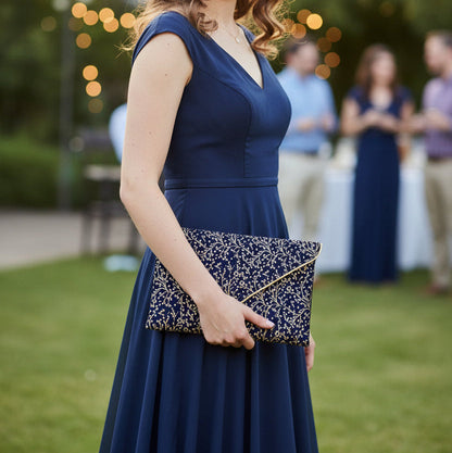 Pochette mariage bleu et dorée - cadeau demoiselle d'honneur