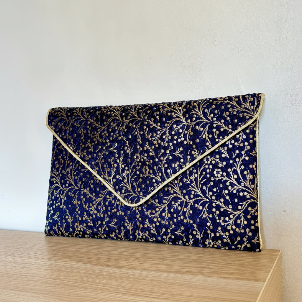Sac Pochette mariage bleu et dorée