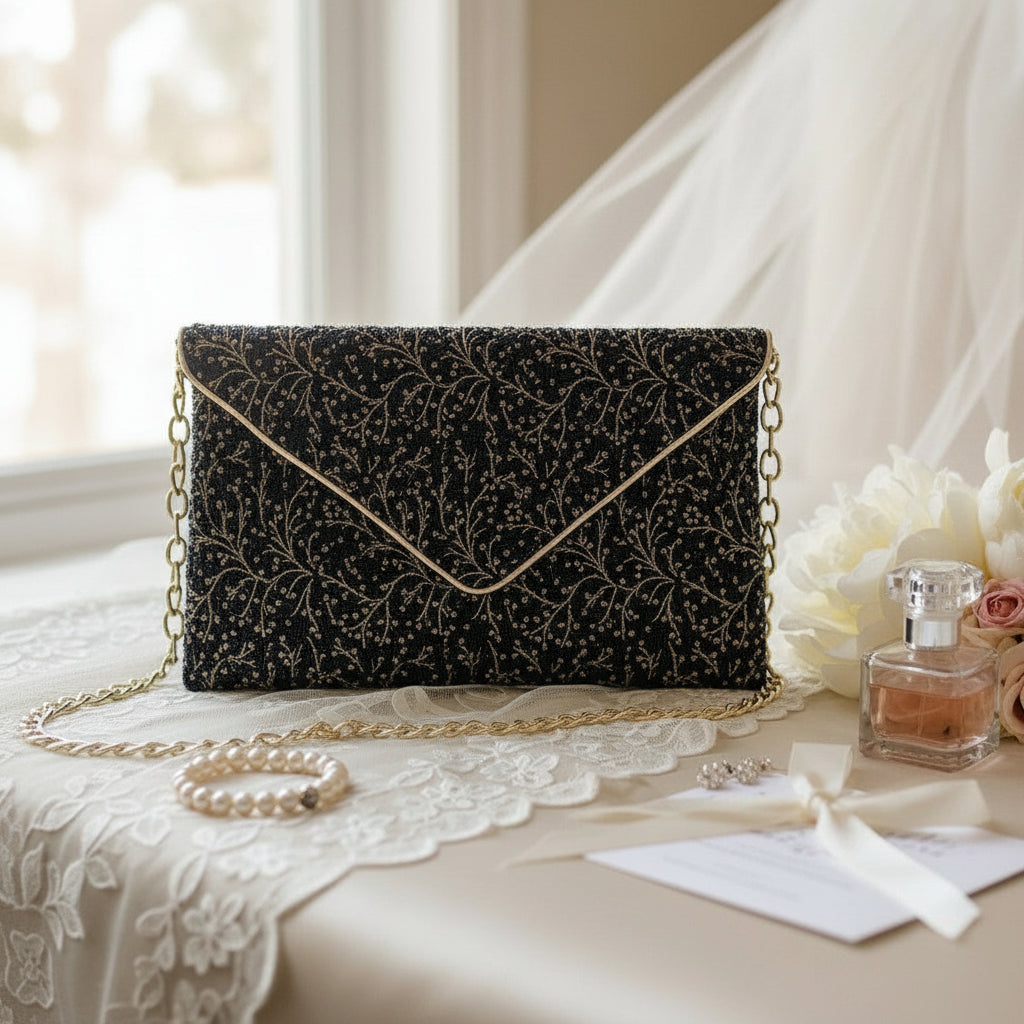 Pochette mariage. bleu et dor&ée en tissu brocart indien