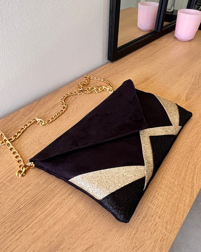 Pochette mariage élégante bimatière noire et tissu pailleté or
