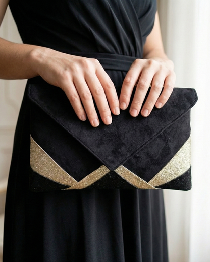 Femme portant une pochette noire de soirée à la main