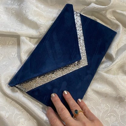 sac de soirée cérémonie bleu marine et paillettes argentées - fil des toiles