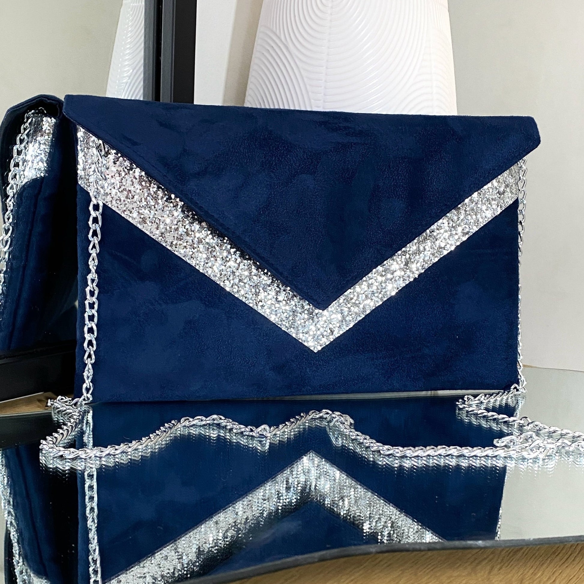 Pochette Femme Pochette Mariage Bleu Marine Et Argent Pochette