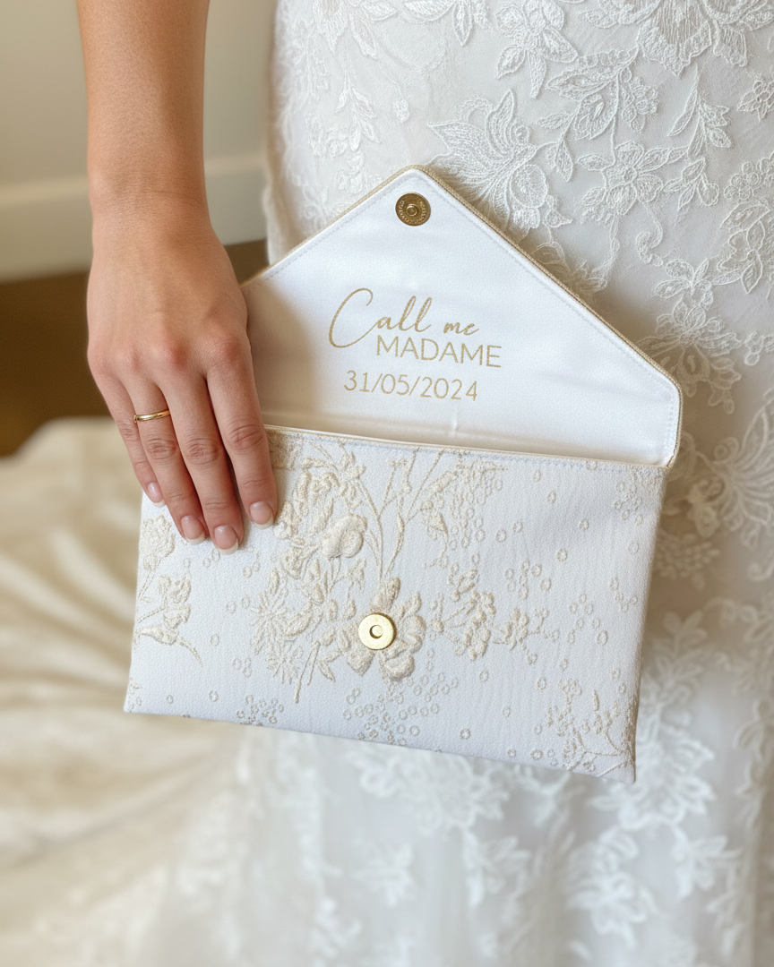Pochette mariage ivoire personnalisée Call me Madame tenue par une mariée 