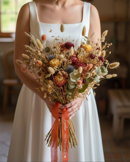Bouquet de mariée champêtre entouré d'un ruban terracotta personnalisé
