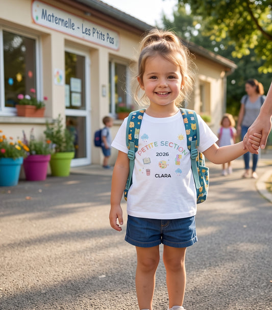 Fillette portant un t-shirt personnalisé Petite Section 2026 avec cartable devant l'école maternelle, souvenir du premier jour de rentrée