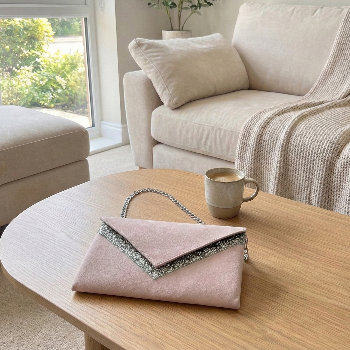 Photo lifestyle de pochette de soirée rose poudré et argentée posée sur une table de salon