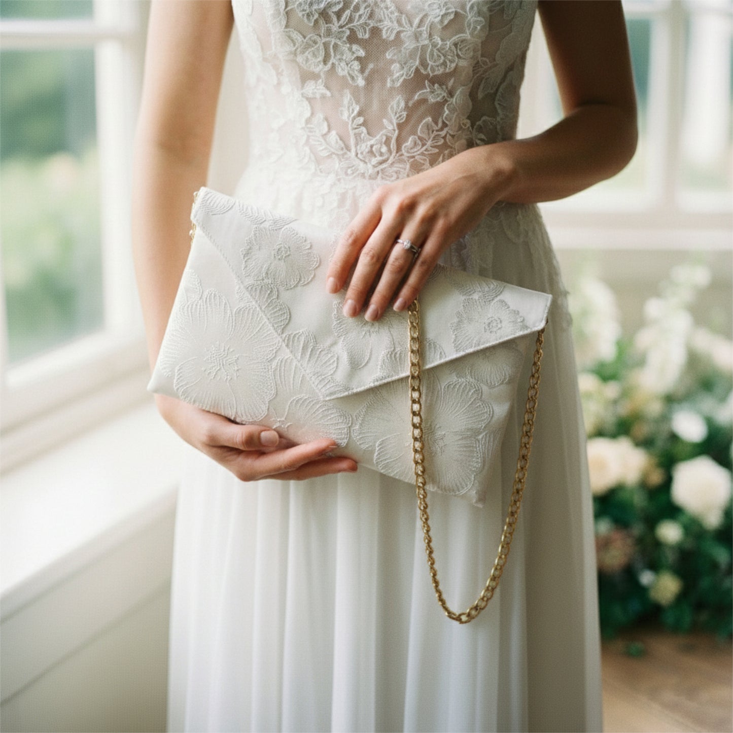 Pochette mariage blanche avec chaîne portée à la main par une mariée