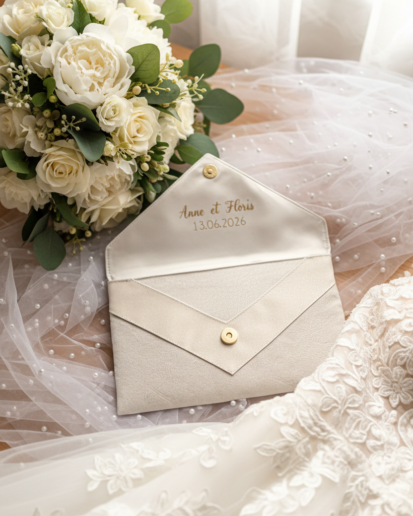 Pochette de mariée banche  personnalisée format enveloppe posée sur un voile de mariée