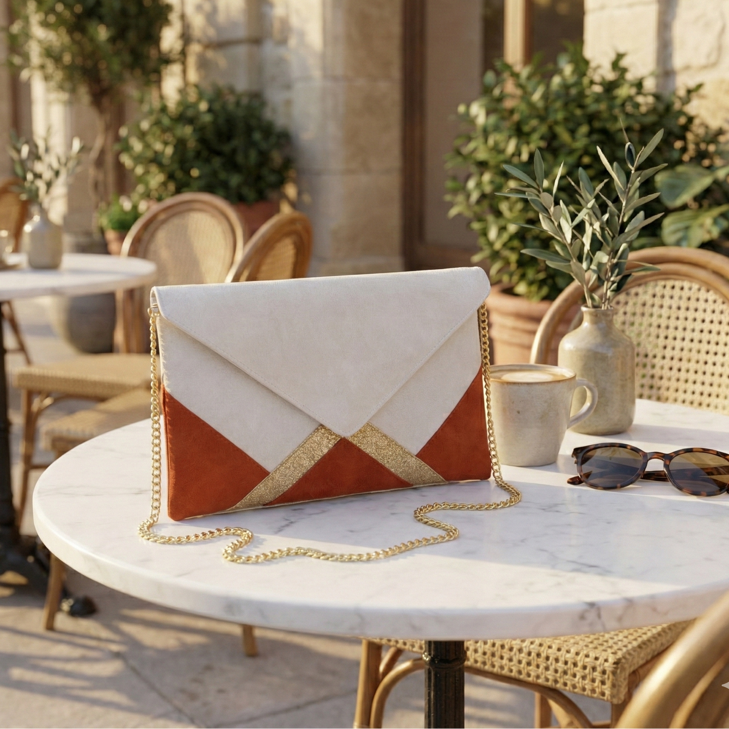 Pochette terracotta avec chaine en suédine posée sur une tzble de restaurant