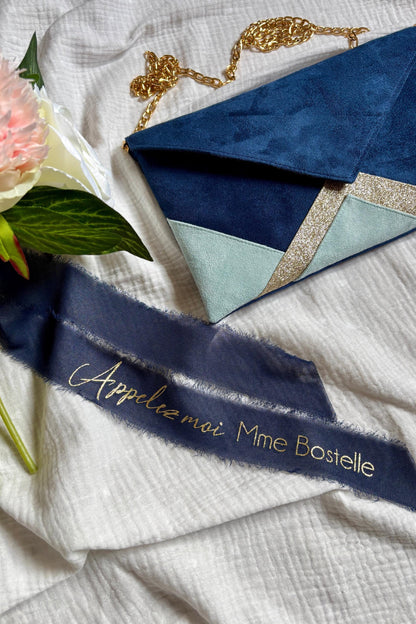 Ruban en mousseline de soie bleu marine personnalisé pour bouquet de mariée
