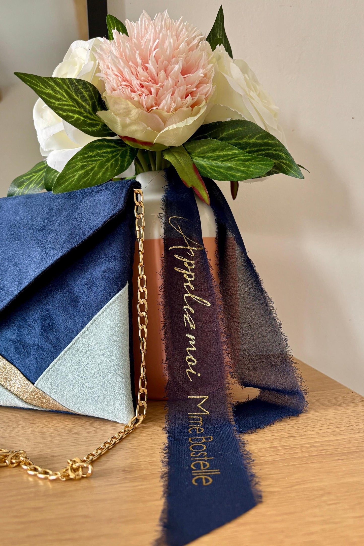Ruban pour bouquet de mariée bleu marine en mousseline de soie à personnaliser