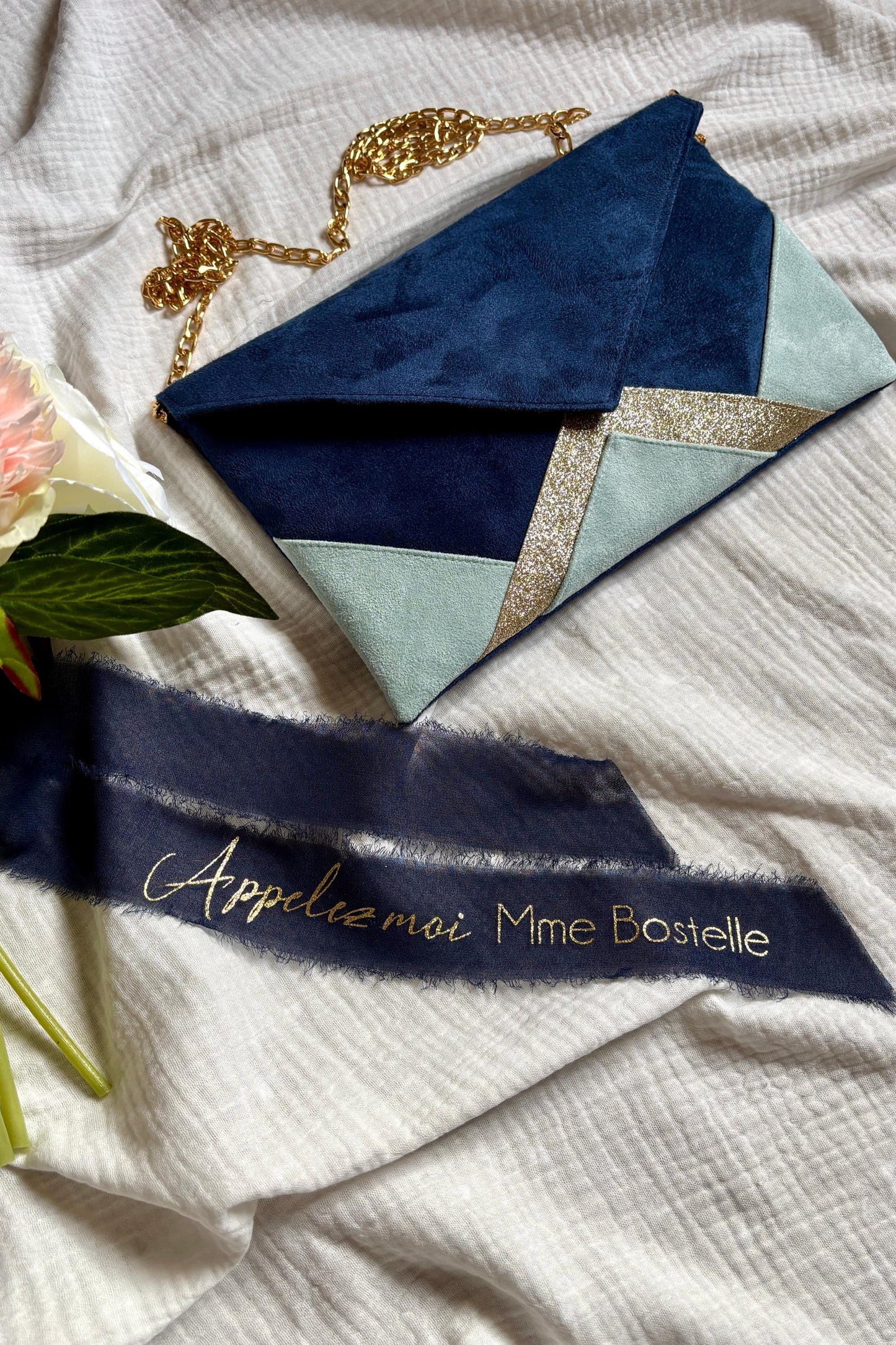 Ruban pour bouquet de mariée bleu marine en mousseline de soie à personnaliser