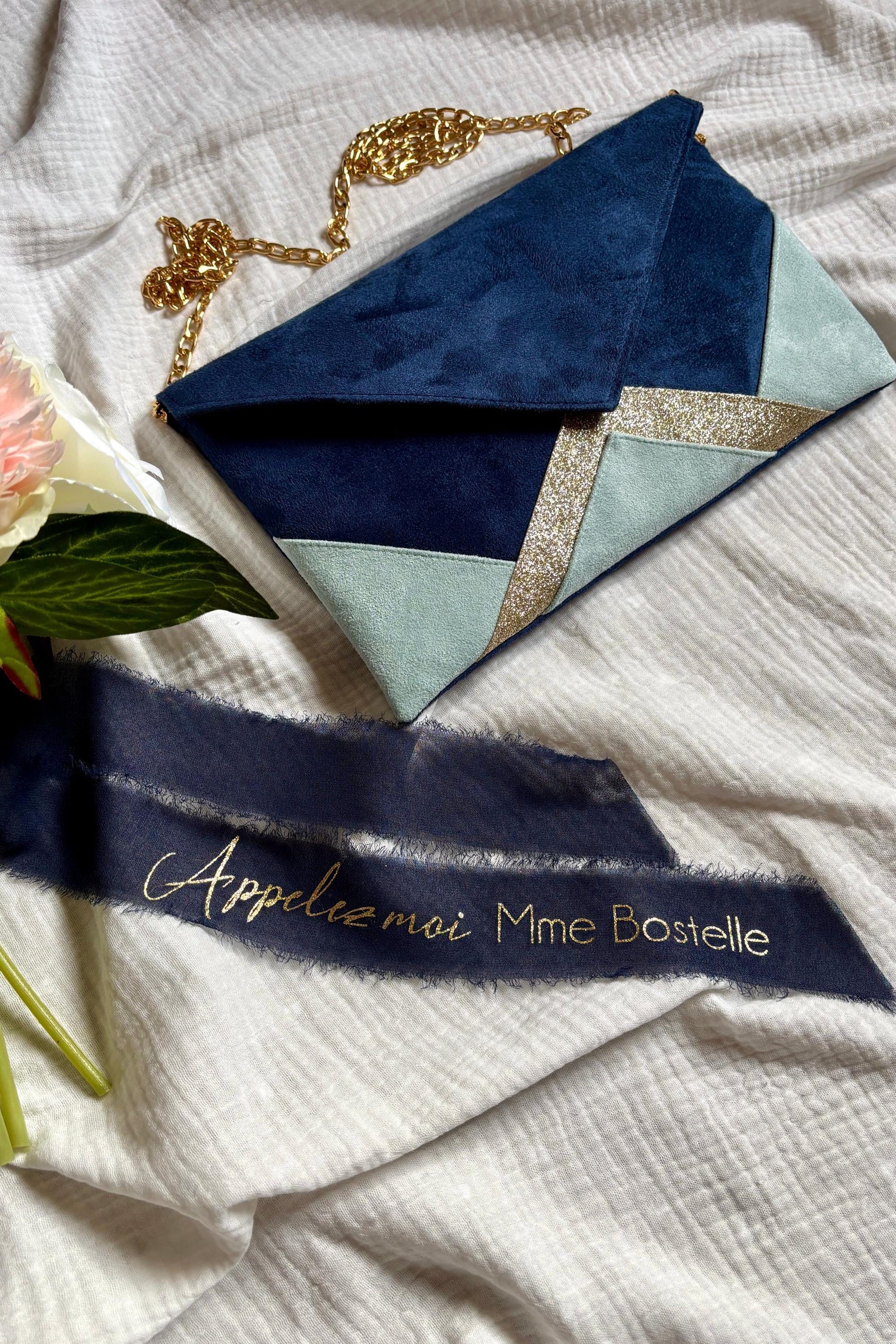 Ruban pour bouquet de mariée bleu marine en mousseline de soie à personnaliser