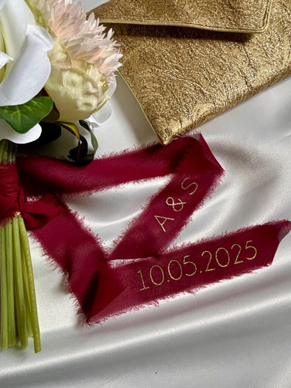 Ruban pour bouquet de mariée bordeaux en mousseline de soie à personnaliser