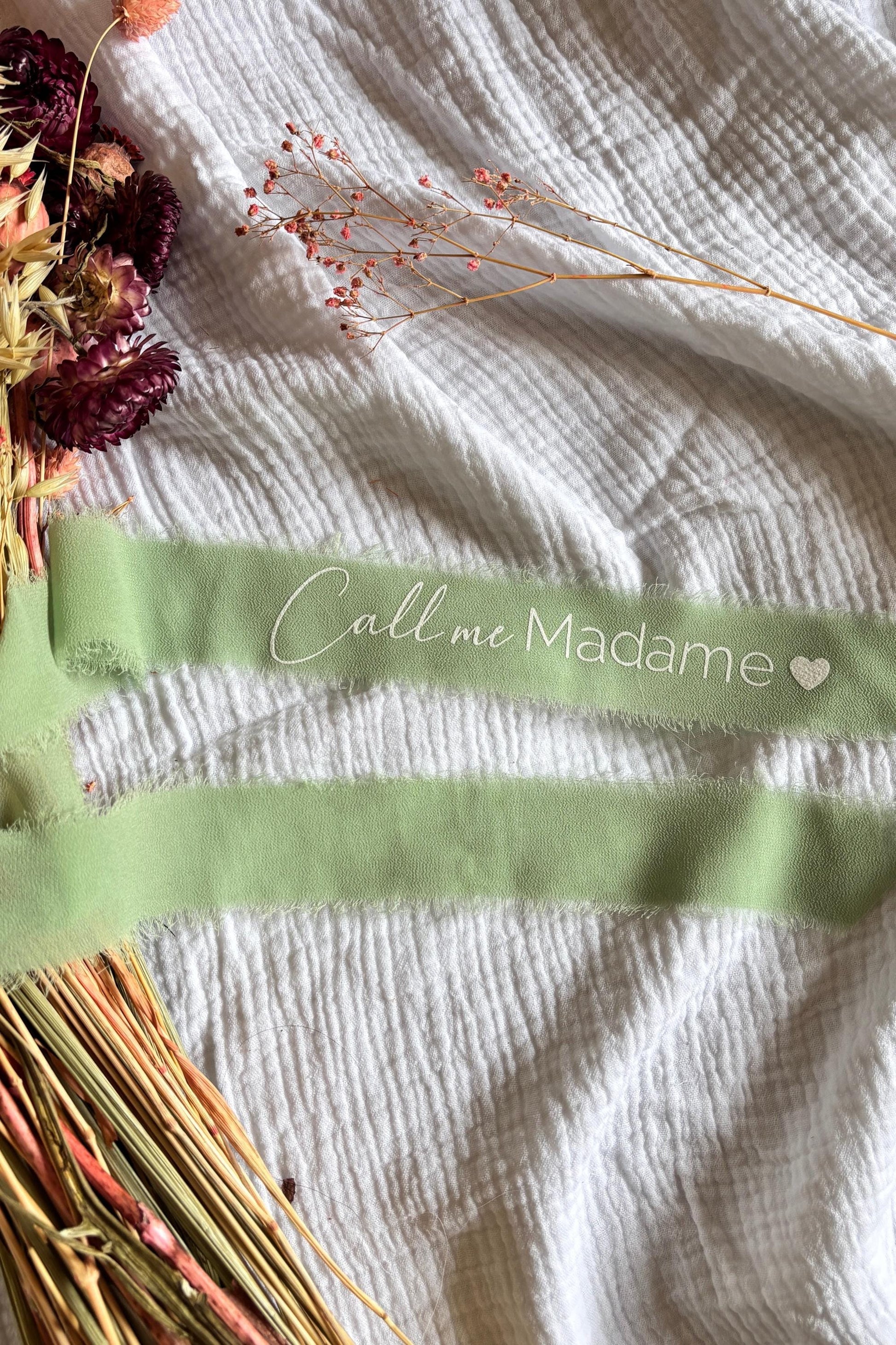 Ruban pour bouquet de mariée vert sauge en mousseline de soie à personnaliser