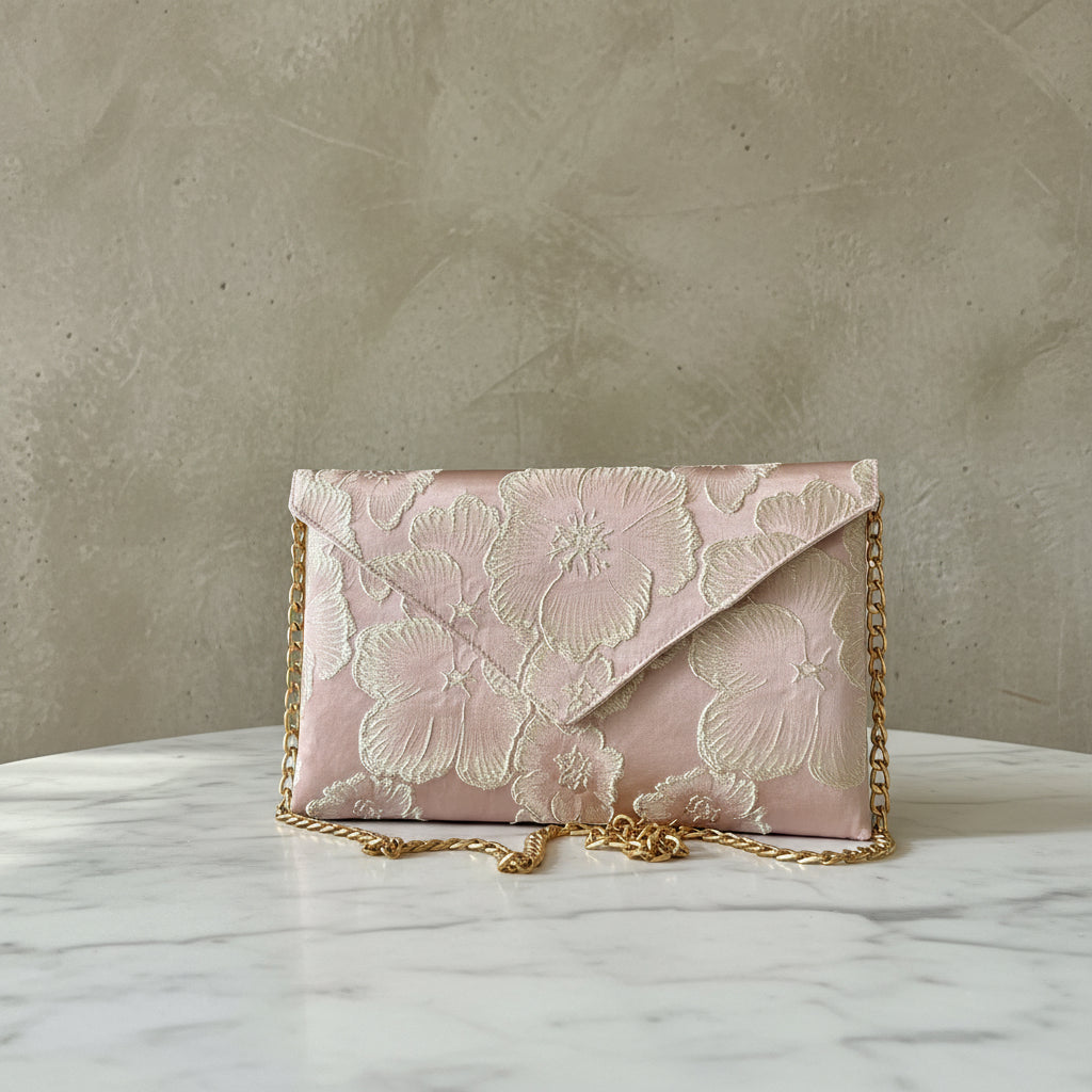 Pochette de mariage rose en brocart fleuri fait main