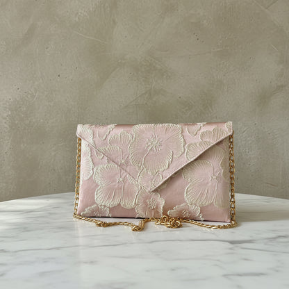 Pochette de mariage rose en brocart fleuri fait main