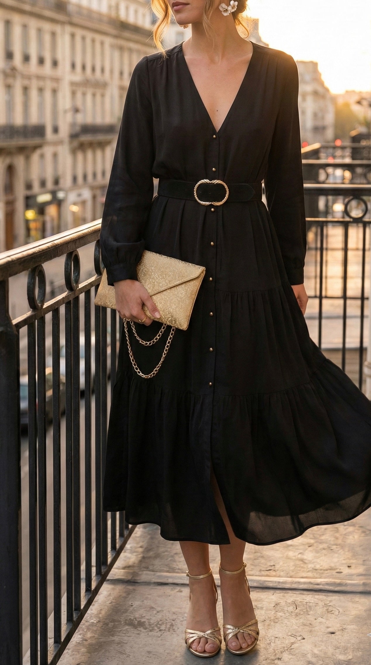 Tenue de soirée noire et dorée 