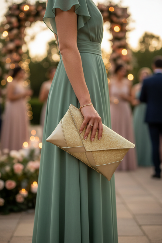 Pochette mariage dorée avec tenue vert sauge
