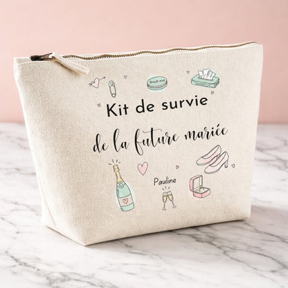 Trousse future mariée personnalisée style doodles — kit de survie EVJF prénom
