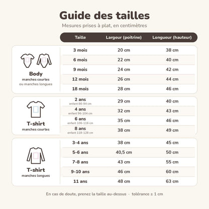 Guide des tailles : bodys de 3 à 18 mois, t-shirts manches courtes de 2 à 8 ans et t-shirts manches longues de 3-4 à 11 ans, largeur poitrine et longueur en cm