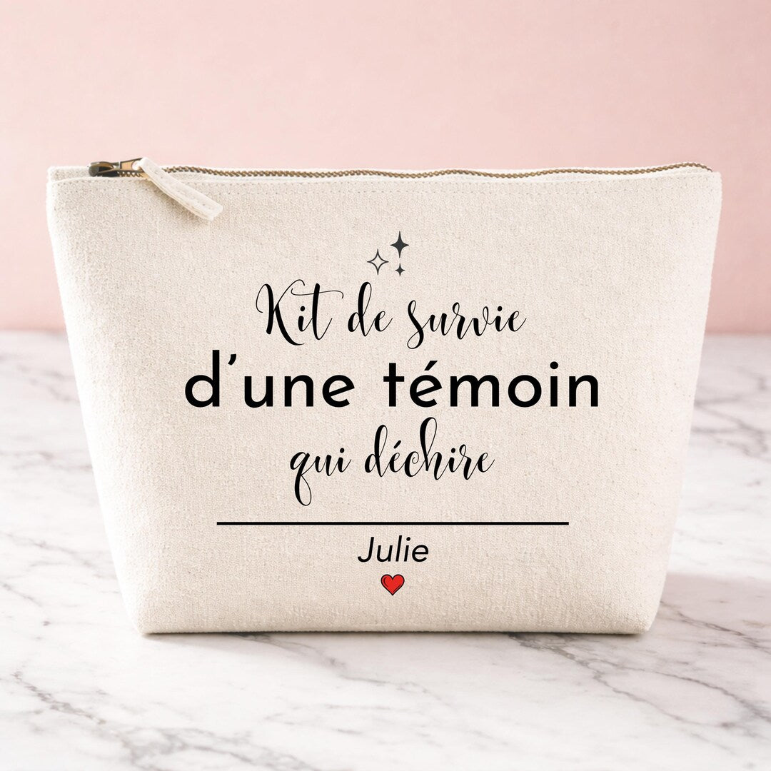 Trousse personnalisée témoin de mariage en toile de coton écru avec prénom Julie
