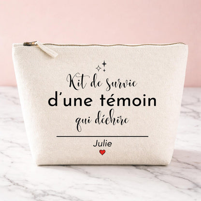 Trousse personnalisée témoin de mariage en toile de coton écru avec prénom Julie
