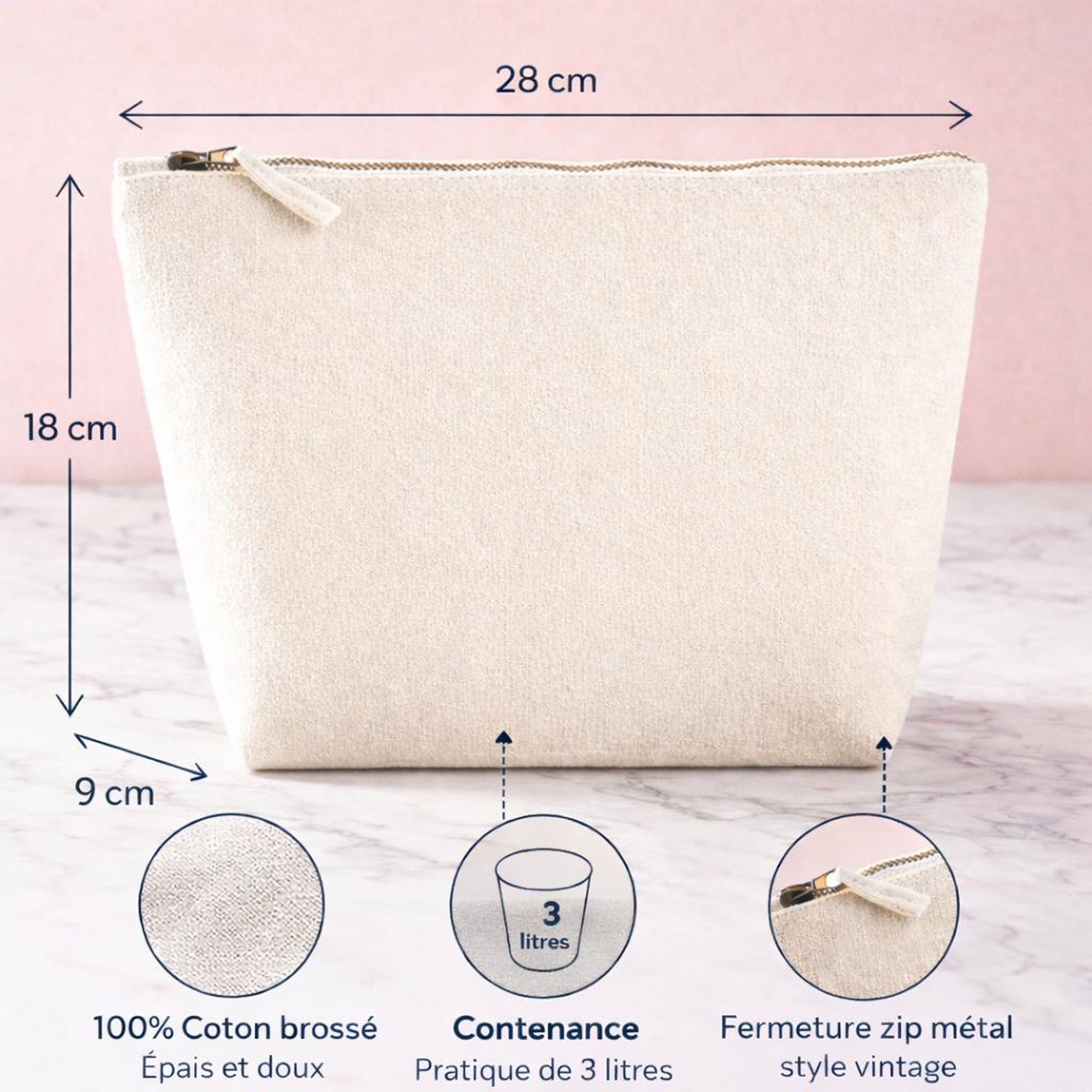 Détail du zip métal vintage et du tissu coton brossé de la trousse