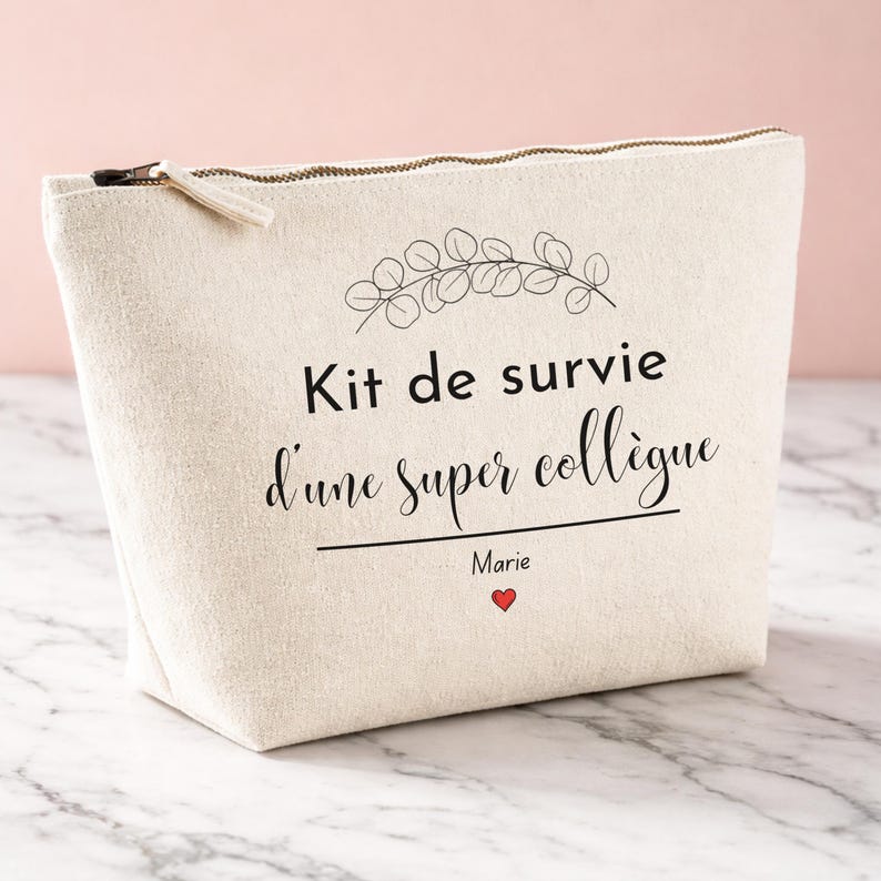 Trousse toile beige inscription Kit de survie d'une super collègue prénom Marie