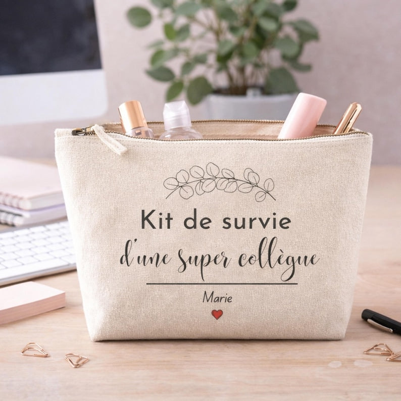 Pochette cadeau collègue femme personnalisée, trousse toile inscription kit de survie
