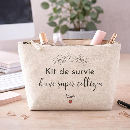 Pochette cadeau collègue femme personnalisée, trousse toile inscription kit de survie