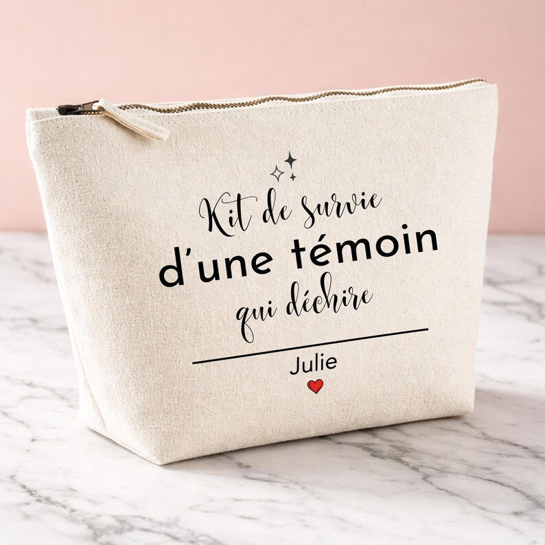 Pochette zippée Kit de survie d'une témoin qui déchire, prénom Julie
