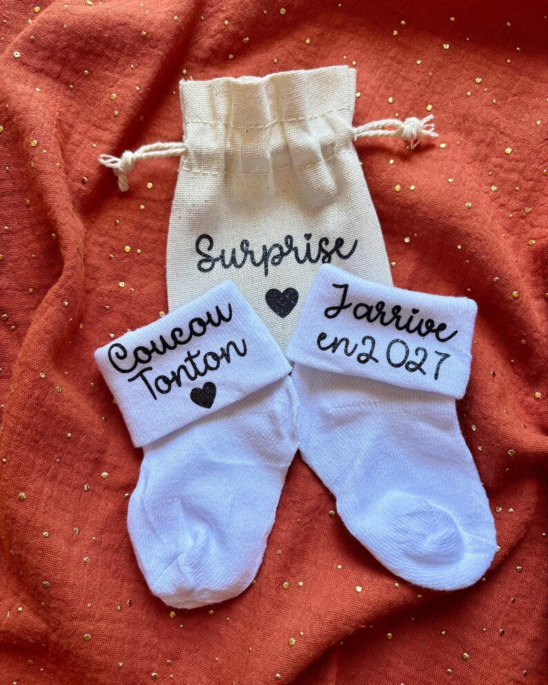 Chaussettes bébé personnalisées Coucou Tonton noir pailleté - idée cadeau annonce naissance