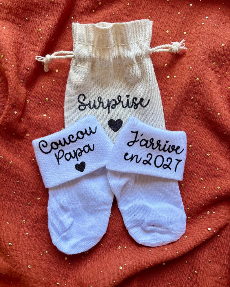 Chaussettes bébé personnalisées Coucou Papa noir pailleté - annonce de grossesse originale