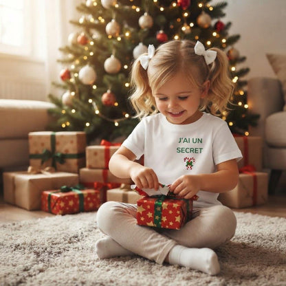 Petite fille ouvrant un cadeau de Noël, portant le tee-shirt « J'ai un secret »