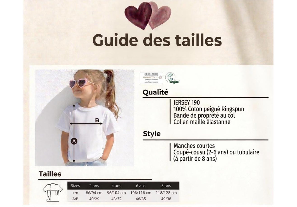 Guide des tailles du tee-shirt futur cousin : jersey 190 g en coton peigné ringspun, manches courtes, tableau des tailles 2, 4, 6 et 8 ans.